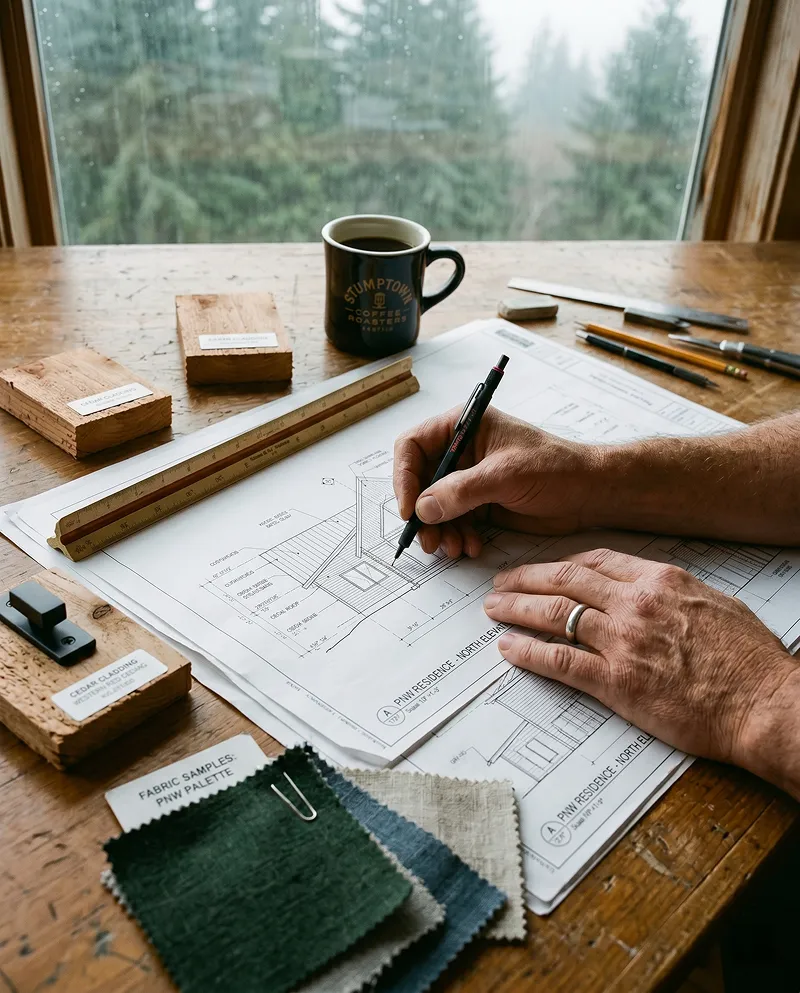 Architectural blueprint and craftsmanship details