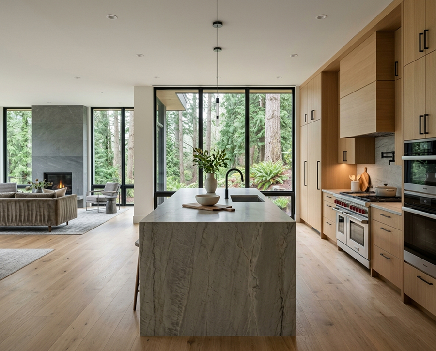 La Jolla kitchen remodel — Calacatta island and European oak cabinetry