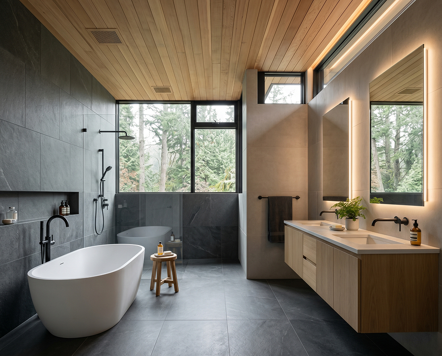La Jolla bathroom remodel — spa-inspired primary suite with bookmatched stone
