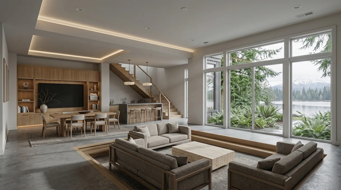 After: structurally remodeled great room with vaulted ceiling and indoor-outdoor flow