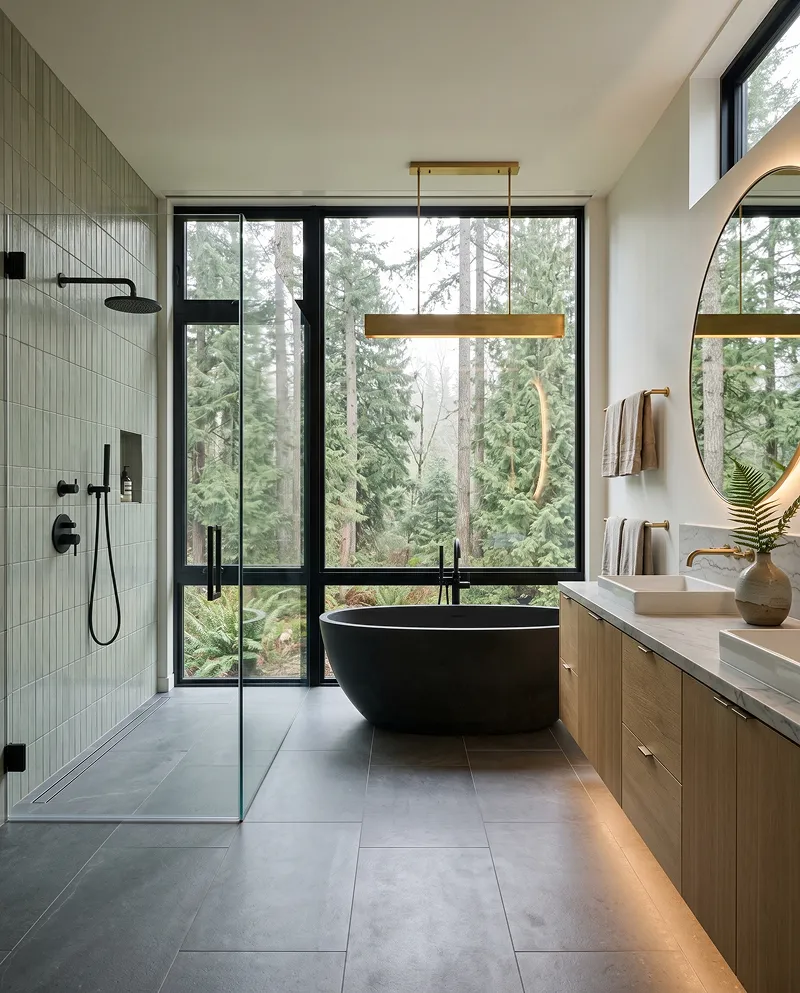 Spa-inspired primary bath with bookmatched stone and curbless wet-room