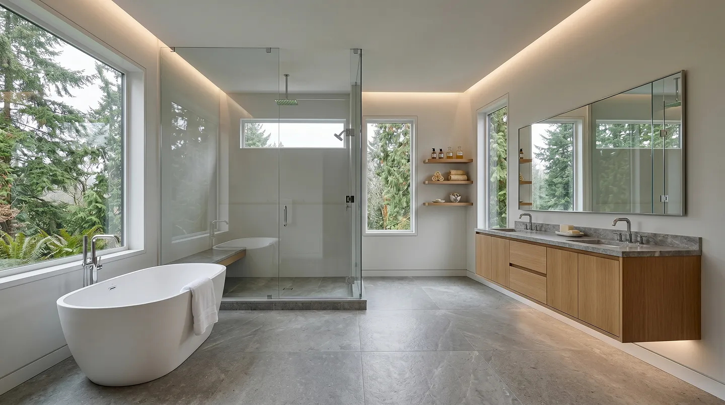 After: structurally remodeled great room with vaulted ceiling and indoor-outdoor flow