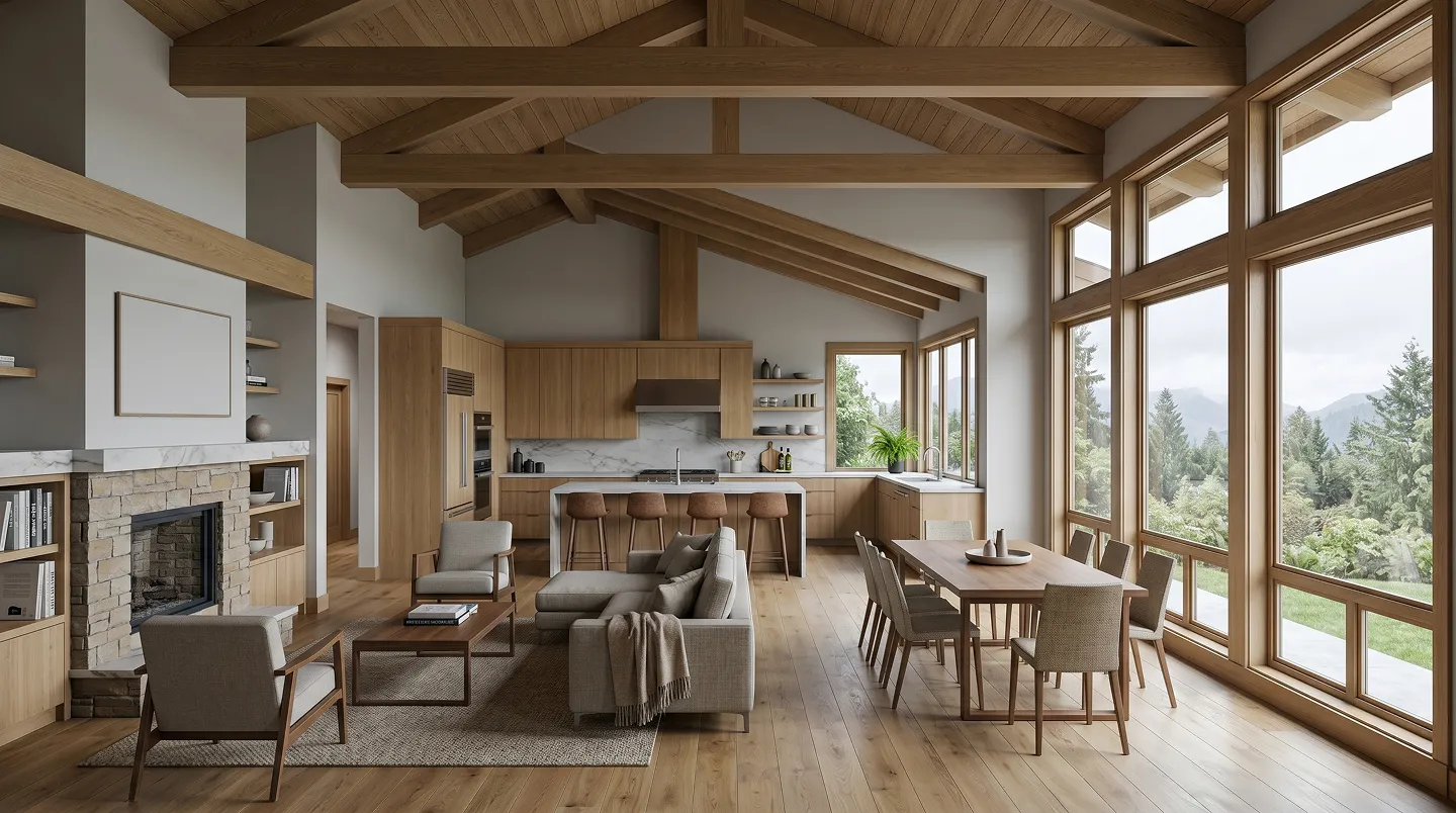 After: structurally remodeled great room with vaulted ceiling and indoor-outdoor flow