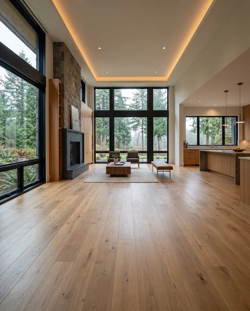 Flooring installation — European oak with limestone transition