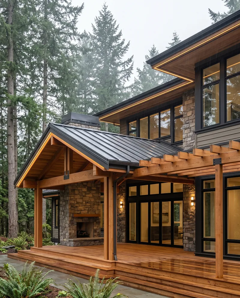 Exterior pergola, loggia, outdoor kitchen and pool deck integration