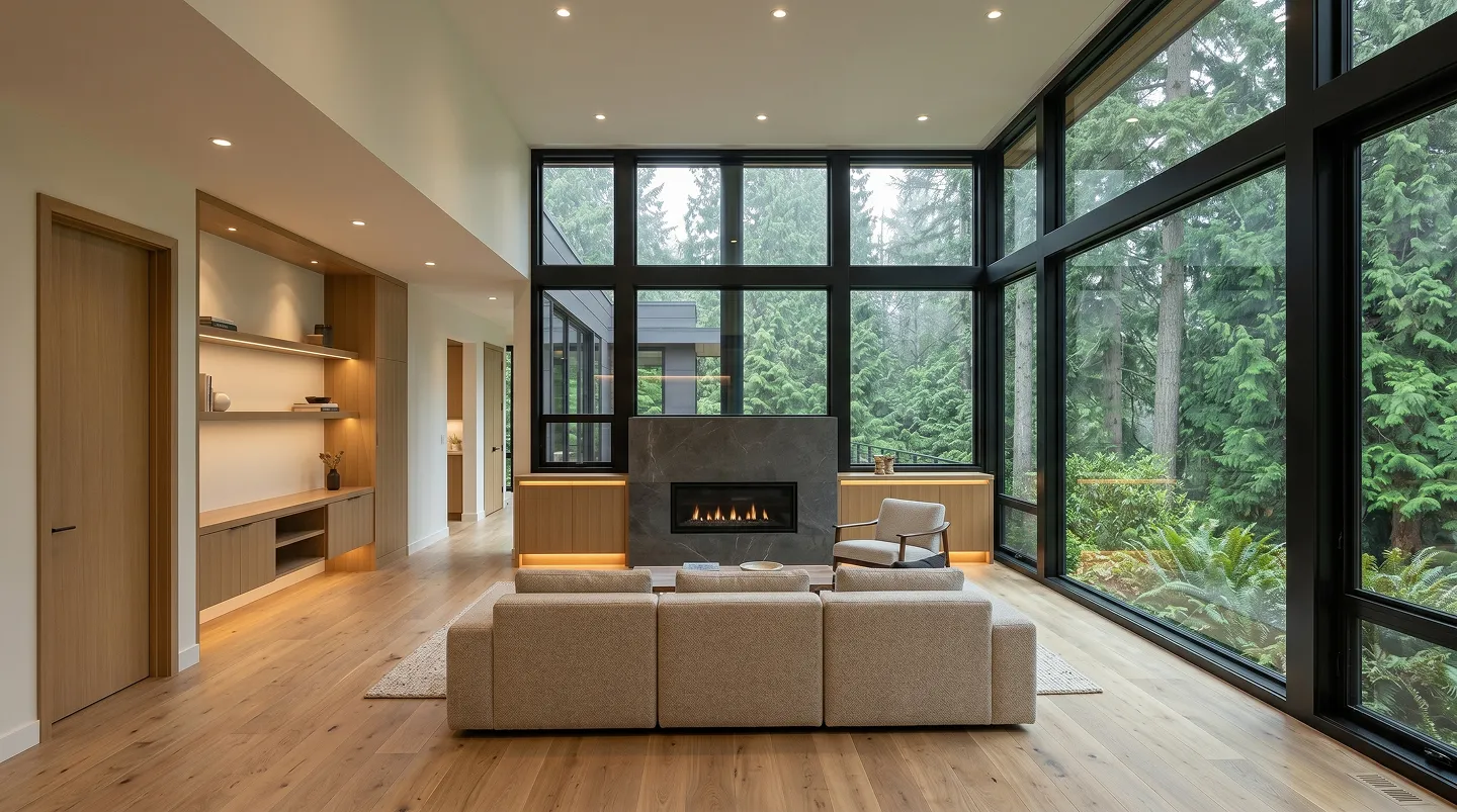 After: structurally remodeled great room with vaulted ceiling and indoor-outdoor flow