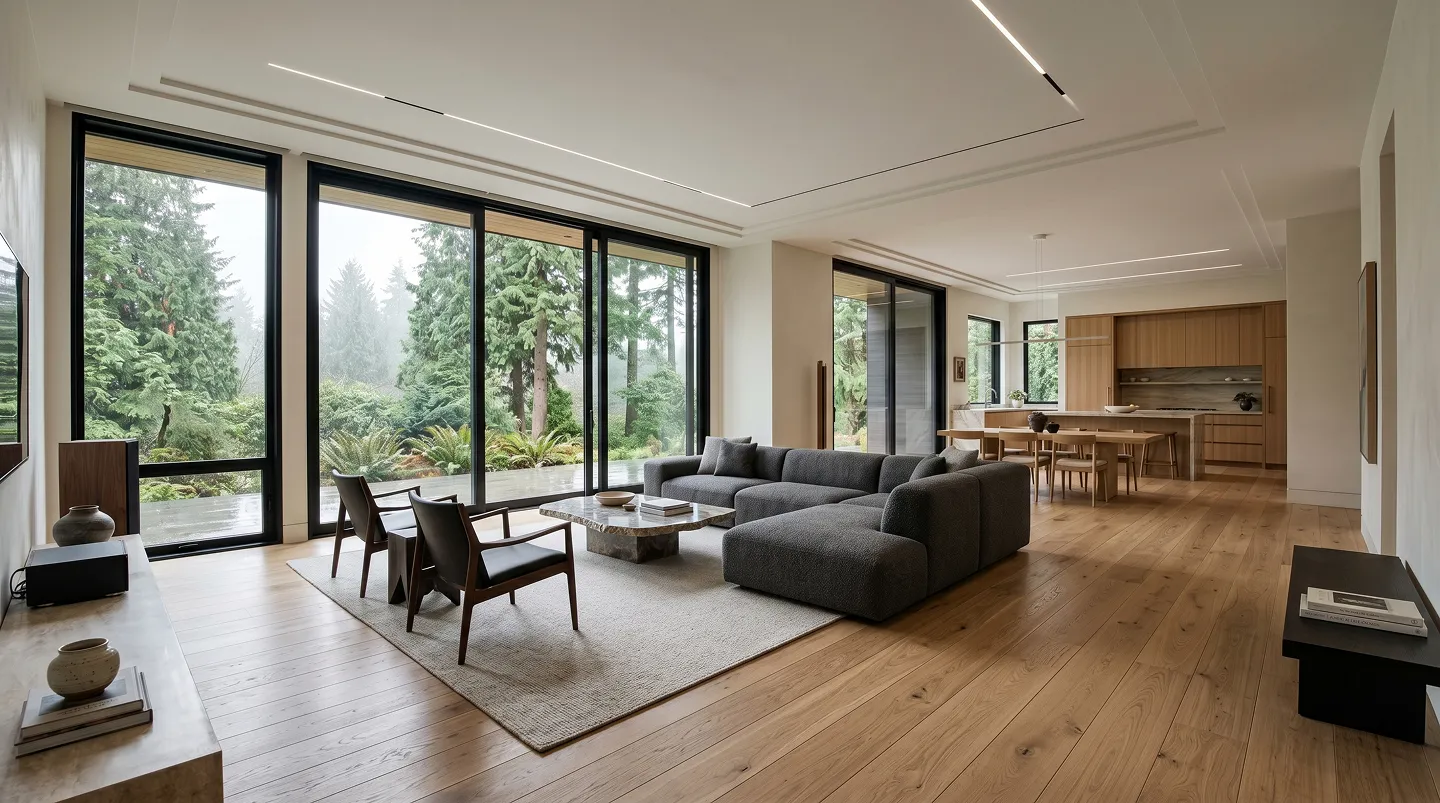 After: structurally remodeled great room with vaulted ceiling and indoor-outdoor flow