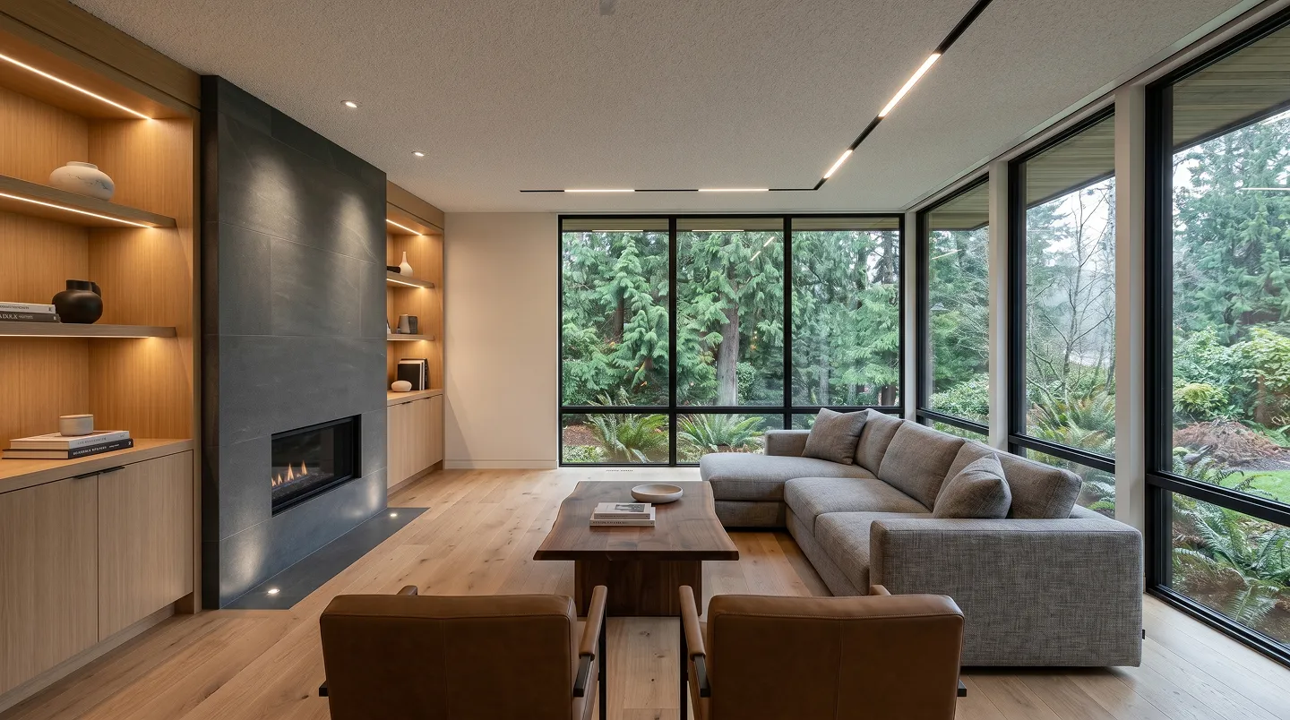 After: structurally remodeled great room with vaulted ceiling and indoor-outdoor flow