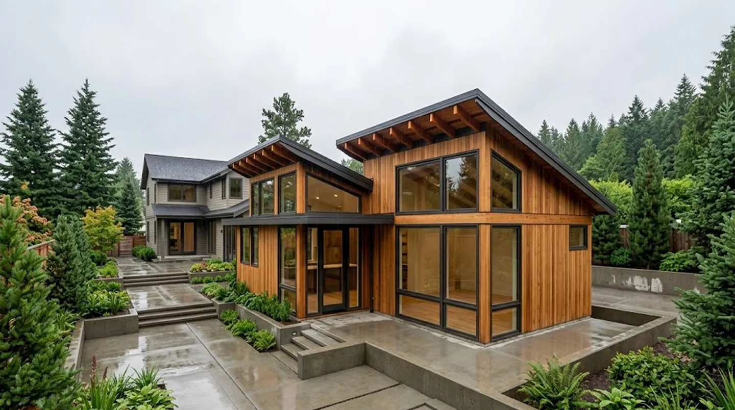 After: structurally remodeled great room with vaulted ceiling and indoor-outdoor flow