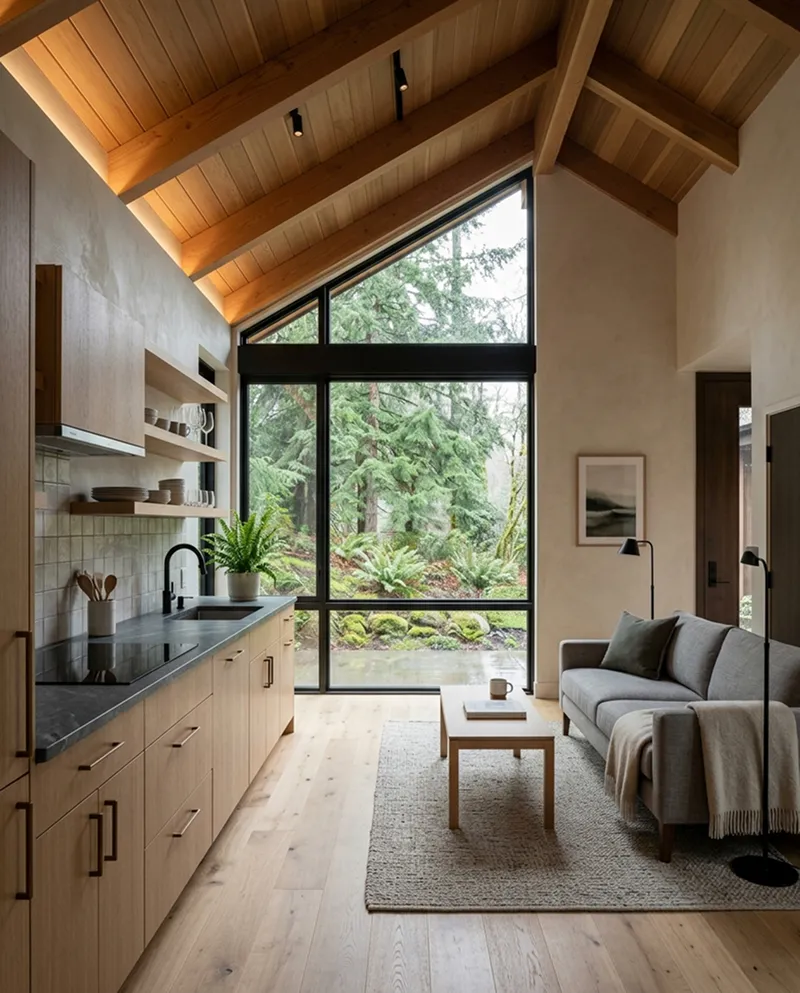 Living room renovation with vaulted ceiling and large fenestration