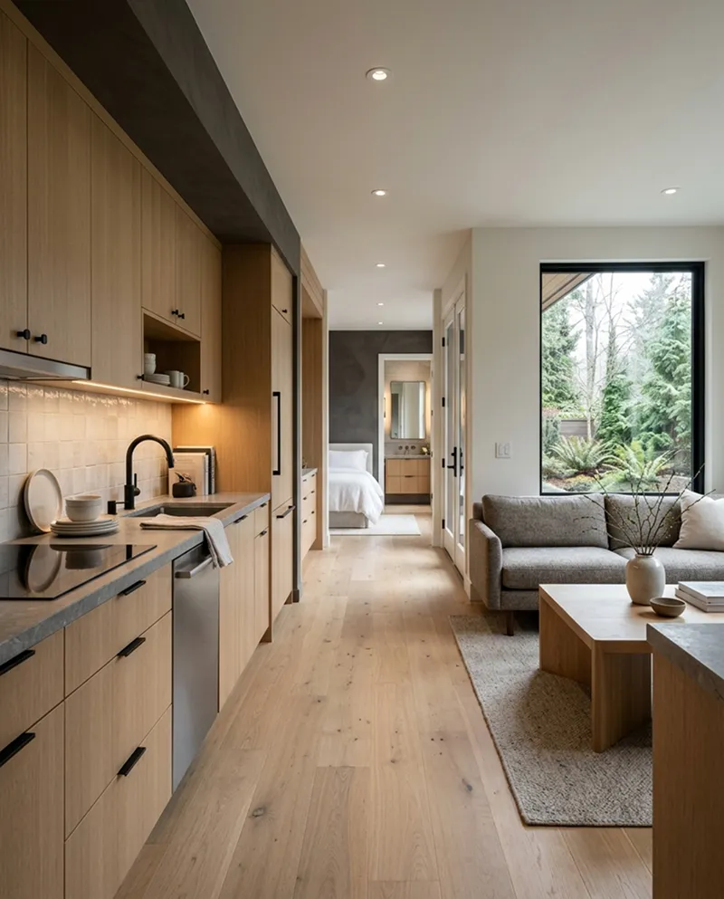 Living room renovation with vaulted ceiling and large fenestration
