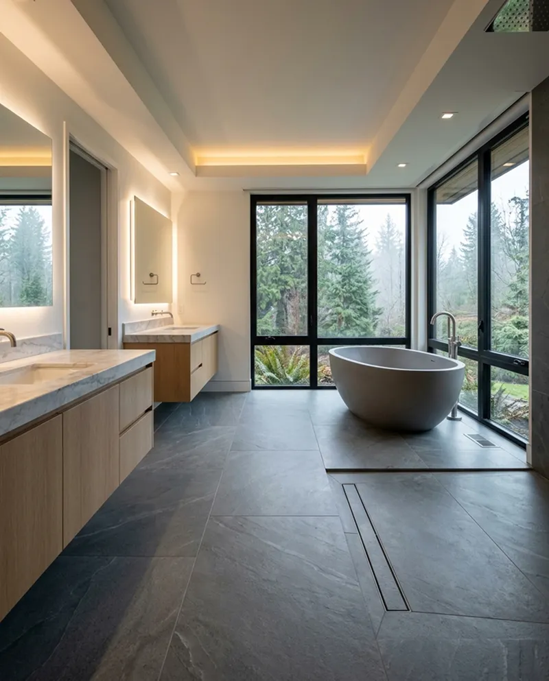 Spa-inspired primary bath with bookmatched stone and curbless wet-room