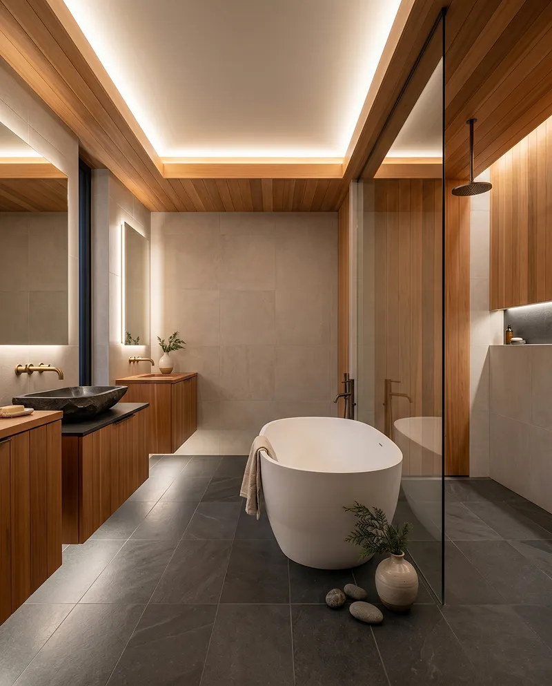 Spa-inspired primary bath with bookmatched stone and curbless wet-room