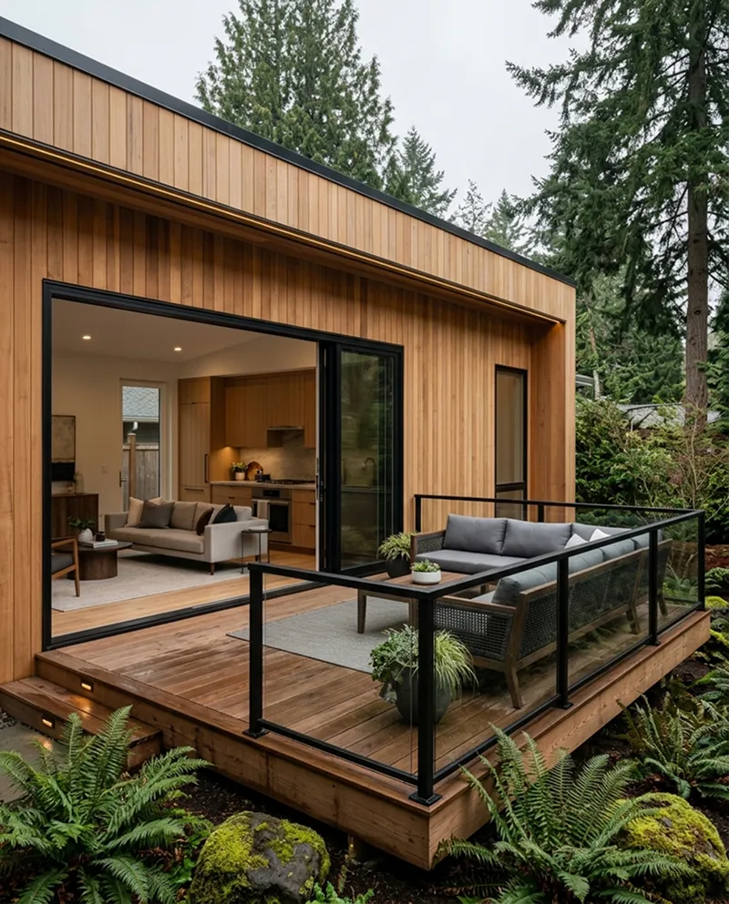 Exterior pergola, loggia, outdoor kitchen and pool deck integration