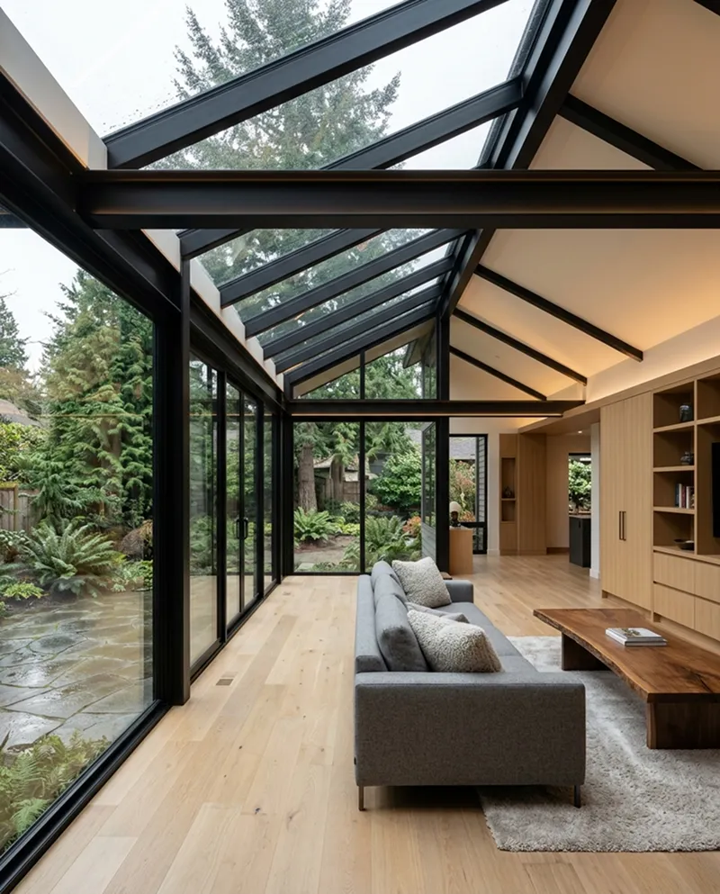 Living room renovation with vaulted ceiling and large fenestration