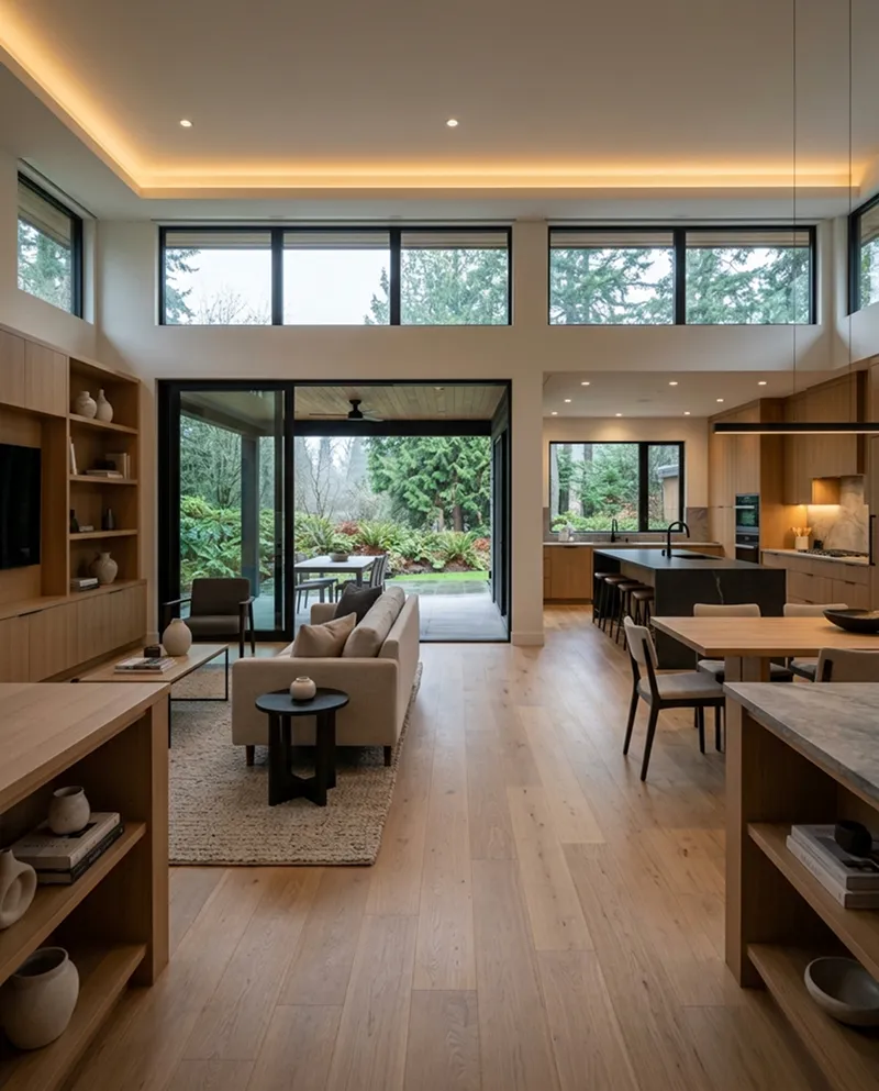 Spa-inspired primary bath with bookmatched stone and curbless wet-room