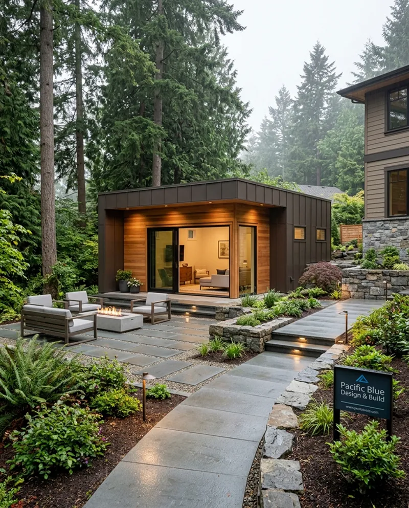 Spa-inspired primary bath with bookmatched stone and curbless wet-room